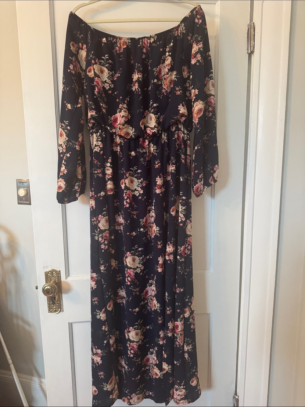 Off-Shoulder Navy Floral Maxi Dress - Rokoko